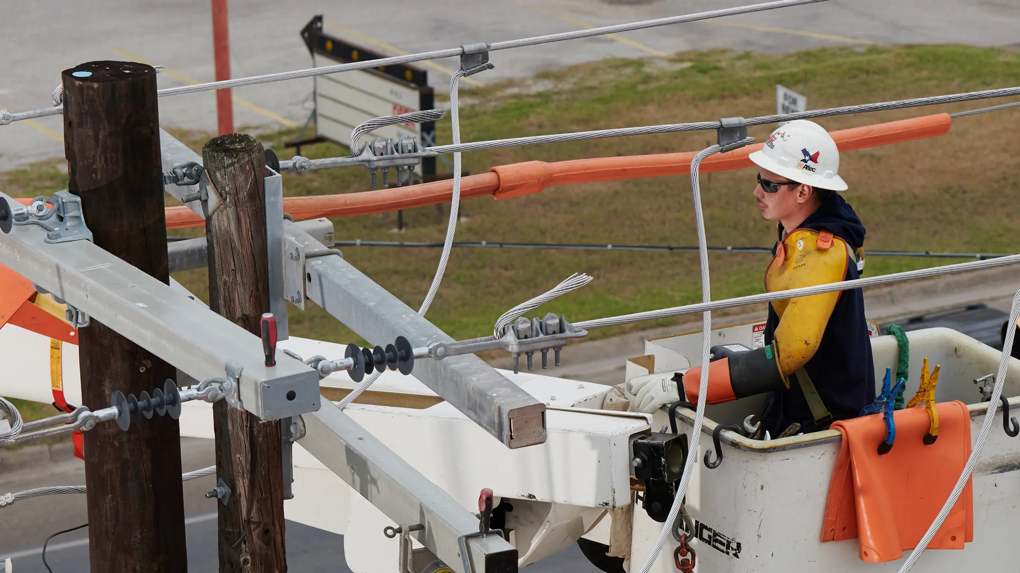 A Linetec worker fixes power lines in Harlingen Texas.