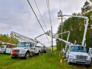 Linetec vehicles carry out restoration services on power lines.